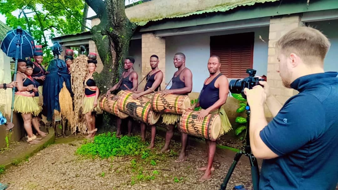 Traditional drummers and dancers performing in Guinea